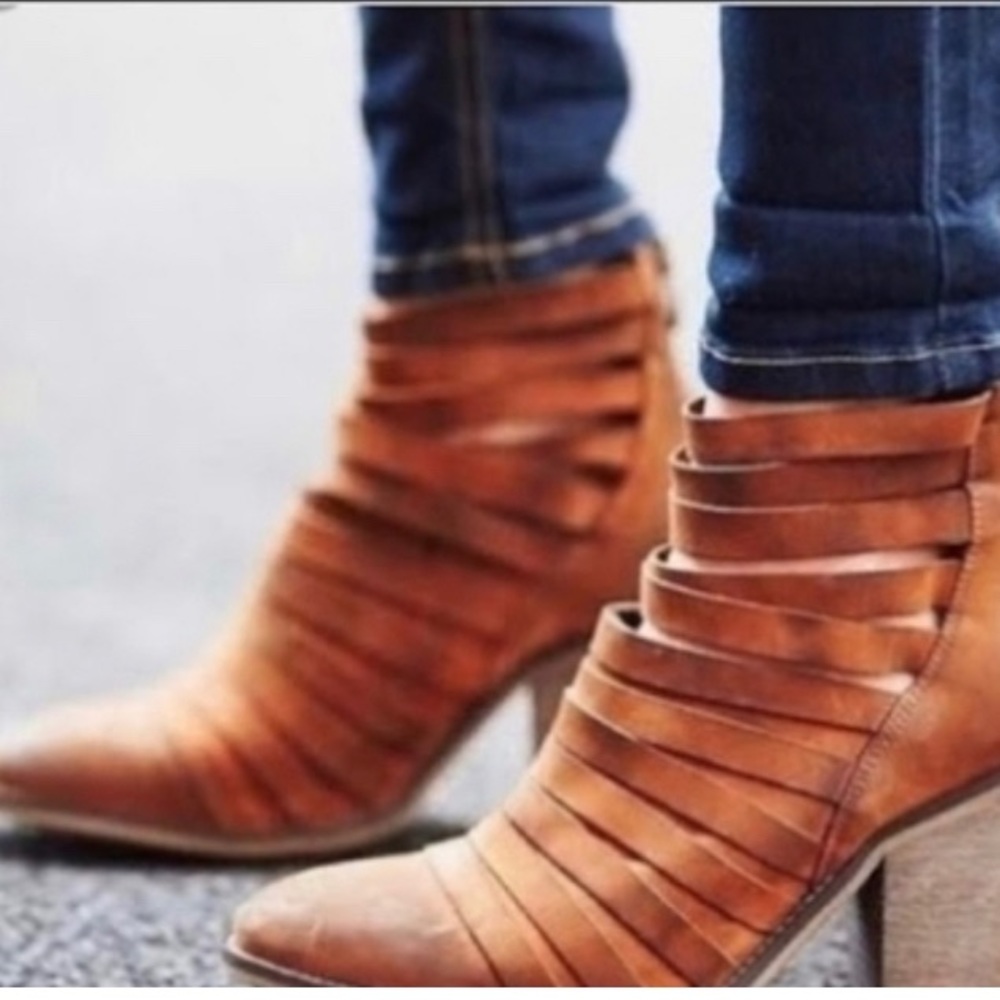 Free People Tan Strappy Leather Ankle Boots